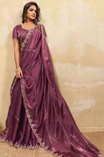 onion pink designer metallic velvet satin saree with cutdana & sequin zari work