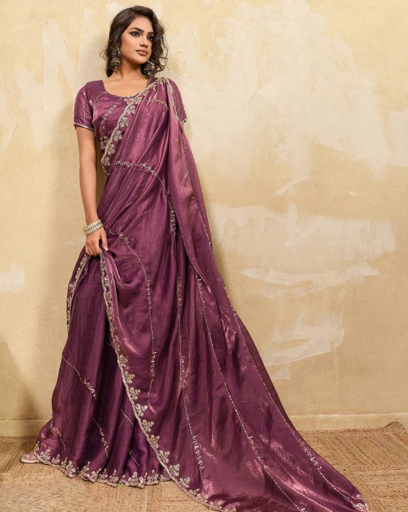 onion pink designer metallic velvet satin saree with cutdana & sequin zari work