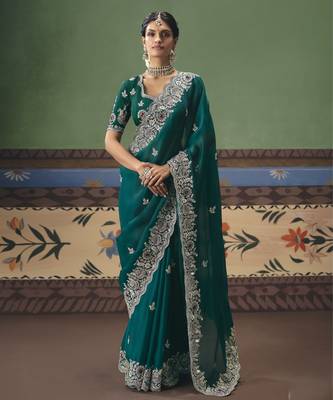 rama green elegant fancy saree with embroidery sequins stones & pearl work with matching blouse 1