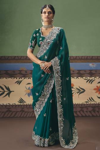 rama green elegant fancy saree with designer embroidery, sequins, stones & pearl work with matching blouse