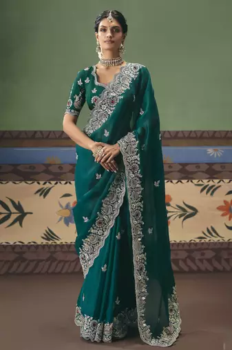 rama green elegant fancy saree with designer embroidery, sequins, stones & pearl work with matching blouse
