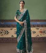 rama green elegant fancy saree with designer embroidery, sequins, stones & pearl work with matching blouse