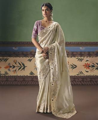 off white elegant fancy saree with embroidery sequins stones & pearl work with matching blouse 1
