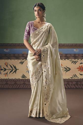 off white elegant fancy saree with designer embroidery sequins stones & pearl work with matching blouse
