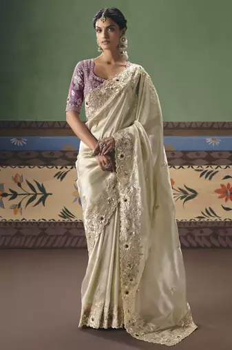 off white elegant fancy saree with designer embroidery, sequins, stones & pearl work with matching blouse
