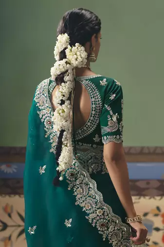 rama green elegant fancy saree with embroidery sequins stones & pearl work with matching blouse