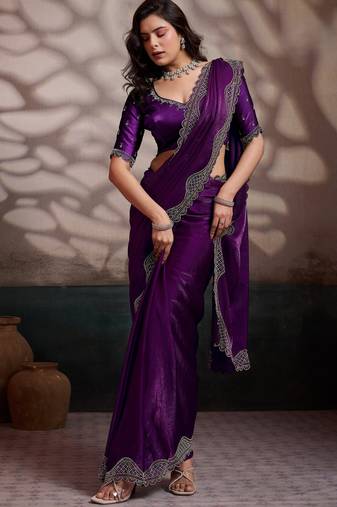 wine ultra-luxurious velvet satin saree with handcrafted cutdana & zarkan work