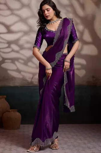 wine ultra-luxurious velvet satin saree with handcrafted cutdana & zarkan work