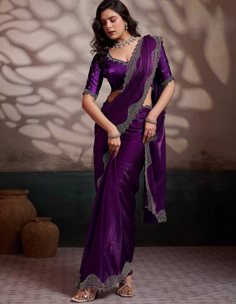 wine ultra-luxurious velvet satin saree with handcrafted cutdana & zarkan work