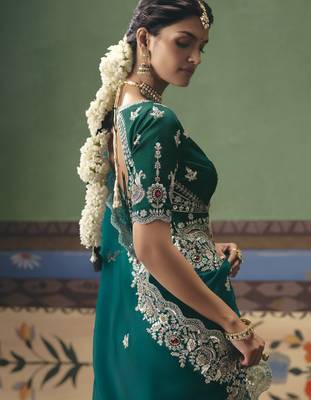 rama green elegant fancy saree with embroidery sequins stones & pearl work with matching blouse 3