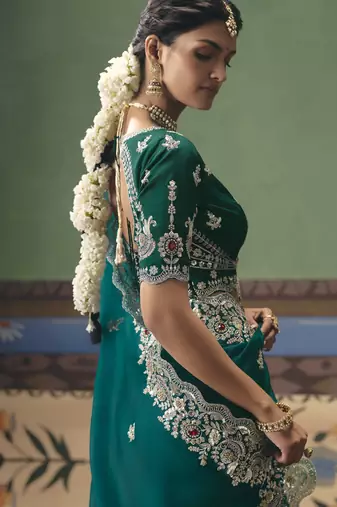 rama green elegant fancy saree with embroidery sequins stones & pearl work with matching blouse