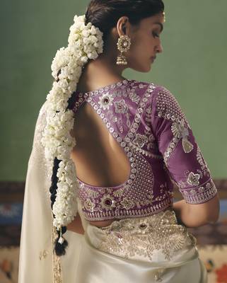 off white elegant fancy saree with embroidery sequins stones & pearl work with matching blouse 2