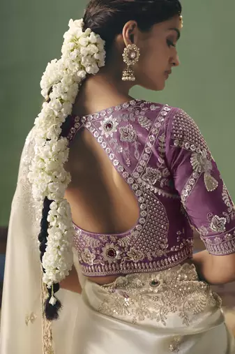 off white elegant fancy saree with embroidery sequins stones & pearl work with matching blouse
