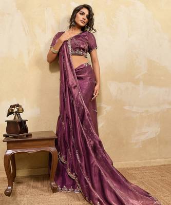onion pink metallic velvet satin saree with cutdana & sequin zari work 3