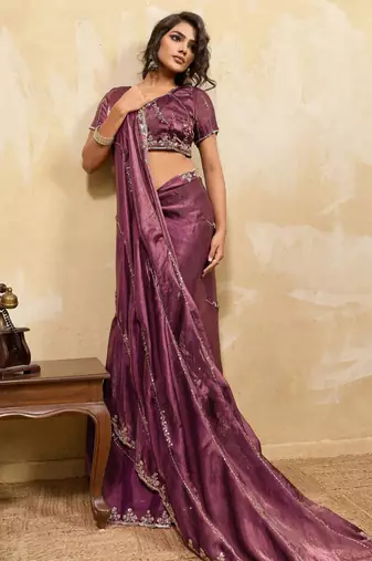 onion pink metallic velvet satin saree with cutdana & sequin zari work