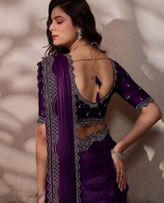 wine ultra-luxurious velvet satin saree with handcrafted cutdana & zarkan work 2