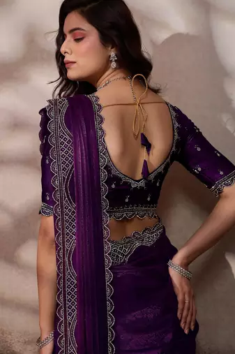 wine ultra-luxurious velvet satin saree with handcrafted cutdana & zarkan work