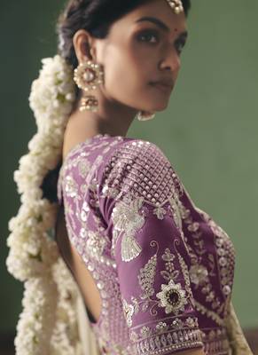 off white elegant fancy saree with embroidery sequins stones & pearl work with matching blouse 3