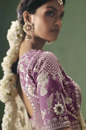 off white elegant fancy saree with embroidery sequins stones & pearl work with matching blouse