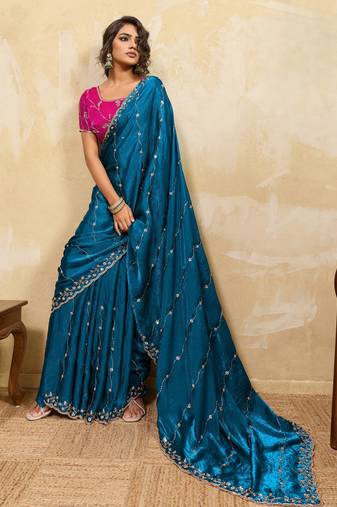 teal designer metallic velvet satin saree with cutdana & sequin zari work