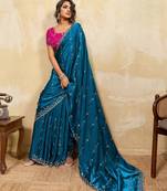 teal designer metallic velvet satin saree with cutdana & sequin zari work