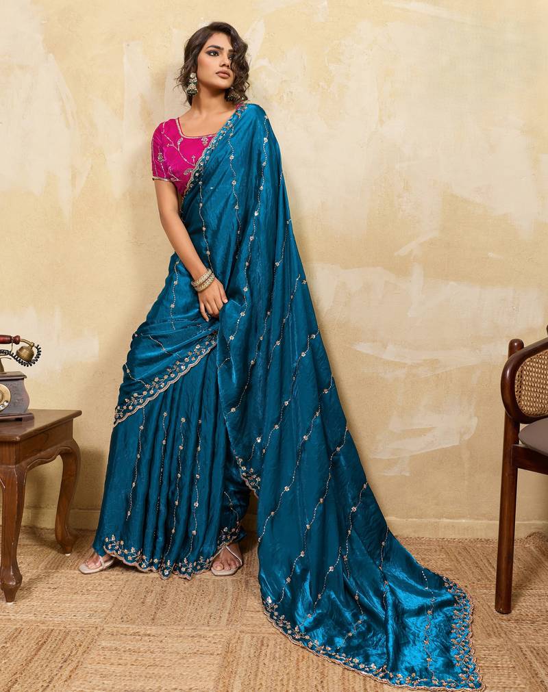 teal designer metallic velvet satin saree with cutdana & sequin zari work