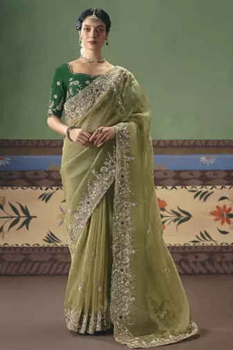 parrot green elegant fancy saree with designer embroidery, sequins, stones & pearl work with matching blouse