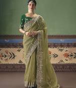 parrot green elegant fancy saree with designer embroidery, sequins, stones & pearl work with matching blouse