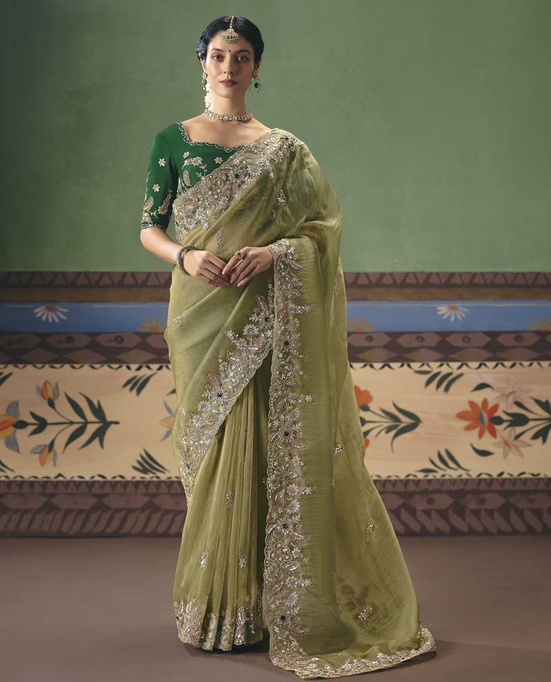 parrot green elegant fancy saree with designer embroidery, sequins, stones & pearl work with matching blouse