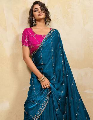 teal metallic velvet satin saree with cutdana & sequin zari work 2