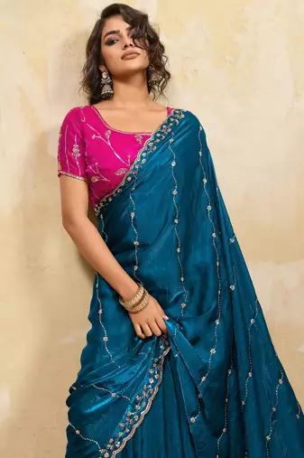 teal metallic velvet satin saree with cutdana & sequin zari work