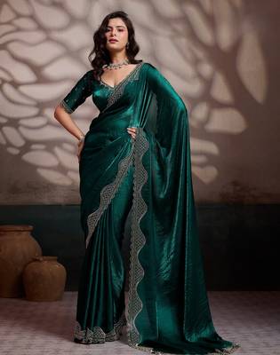 emerald ultra-luxurious velvet satin saree with handcrafted cutdana & zarkan work 1