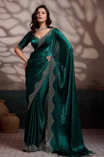 emerald ultra-luxurious velvet satin saree with handcrafted cutdana & zarkan work