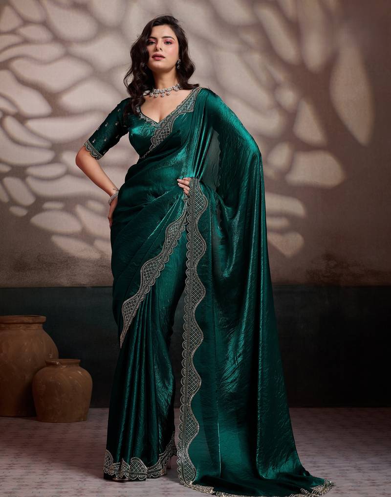 emerald  ultra-luxurious velvet satin saree with handcrafted cutdana & zarkan work