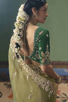 parrot green elegant fancy saree with embroidery sequins stones & pearl work with matching blouse 2