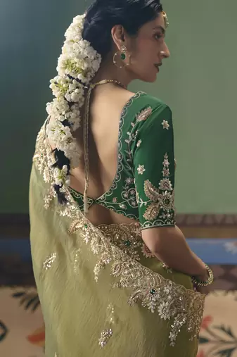 parrot green elegant fancy saree with embroidery sequins stones & pearl work with matching blouse