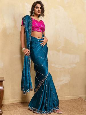teal metallic velvet satin saree with cutdana & sequin zari work 3