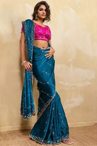 teal metallic velvet satin saree with cutdana & sequin zari work