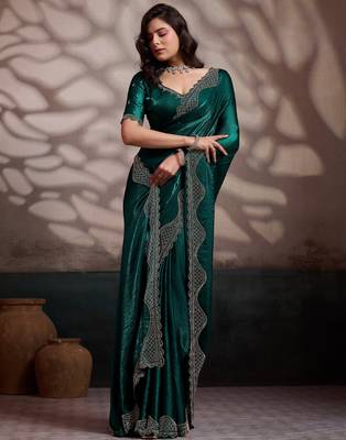 emerald ultra-luxurious velvet satin saree with handcrafted cutdana & zarkan work 2