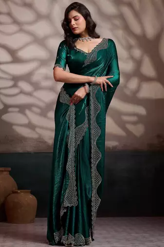 emerald ultra-luxurious velvet satin saree with handcrafted cutdana & zarkan work