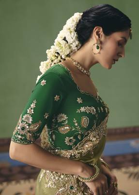parrot green elegant fancy saree with embroidery sequins stones & pearl work with matching blouse 3