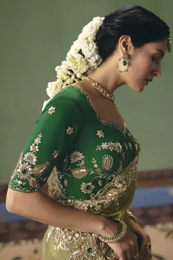 parrot green elegant fancy saree with embroidery sequins stones & pearl work with matching blouse