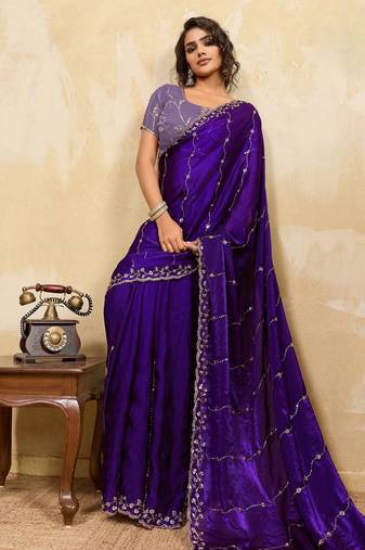 purple designer metallic velvet satin saree with cutdana & sequin zari work