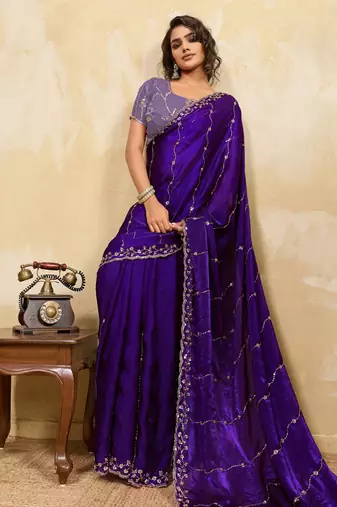 purple designer metallic velvet satin saree with cutdana & sequin zari work