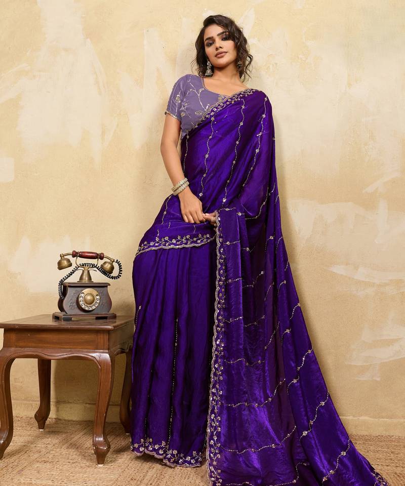 purple designer metallic velvet satin saree with cutdana & sequin zari work