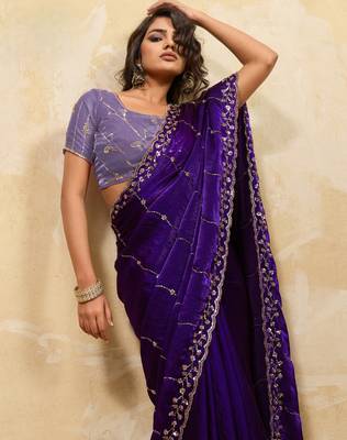 purple metallic velvet satin saree with cutdana & sequin zari work 2