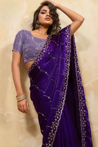 purple metallic velvet satin saree with cutdana & sequin zari work