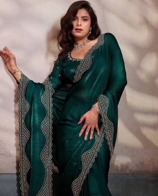 emerald ultra-luxurious velvet satin saree with handcrafted cutdana & zarkan work 3