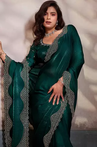 emerald ultra-luxurious velvet satin saree with handcrafted cutdana & zarkan work