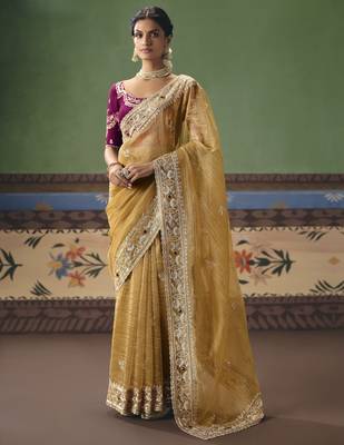 mustard elegant fancy saree with embroidery sequins stones & pearl work with matching blouse 1